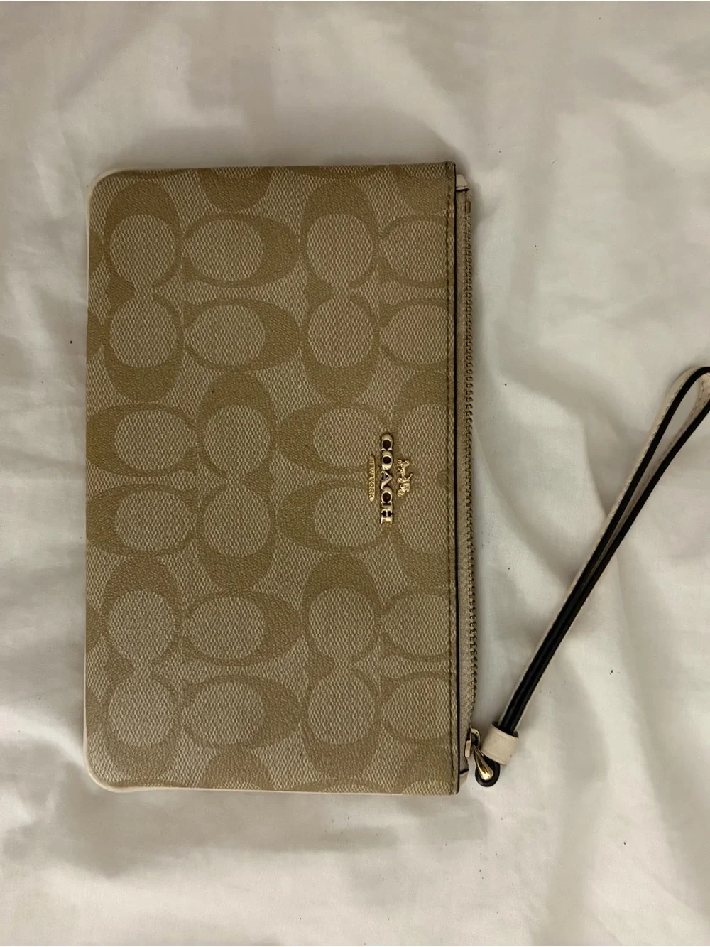 Coach Tan Signature Zip Wristlet with Gold Logo